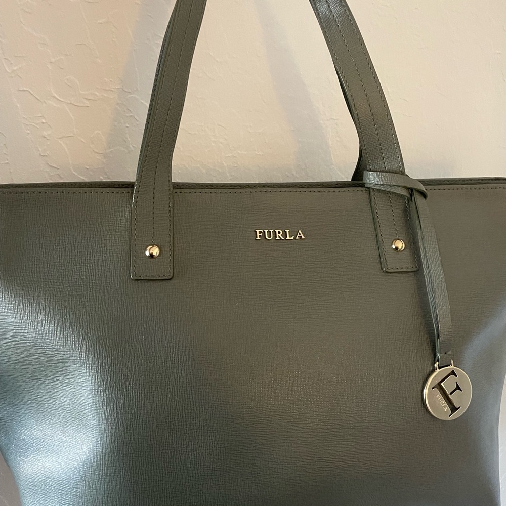 Furla Gray/Green Leather Tote Bag